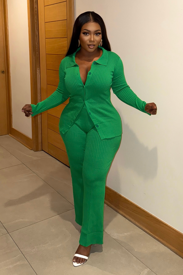 "JADE" RIBBED PANTS SET (GREEN)